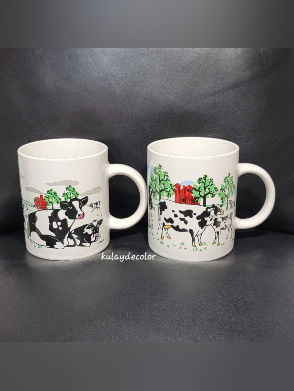 Two Vintage Farmhouse Mug Black White Spots Cow Red Barn Country Kitchen Cup